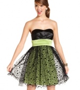 For girls who just want to have fun! Get all dolled-up in this a-line dress from BCX, where a spunky overlay of polkadot-patterned mesh breathes fresh style into a classic silhouette.