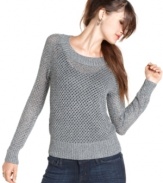 How do you mix warm with cool? Don this sweater from BCX! Open-knit design keeps you toasty while thick, ribbed trims and luxe metallic style keep you awesome.