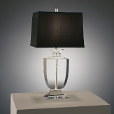 Elegant table lamp with full range dimmer switch. Clear lead crystal with silver plate accents. Rectangular black Dupioni silk shade.