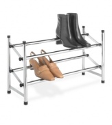 Keep order in the closet. Get on top of unnecessary clutter by sorting shoes on this durable shoe rack that puts your collection on display for easy access and less confusion. Combine two or more of these stackable, expandable racks to build a tower that doubles your storage space in no time at all.