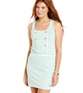 Gold-tone buttons and sea-foam stripes add nautical whimsy to this sun dress from Tommy Girl!