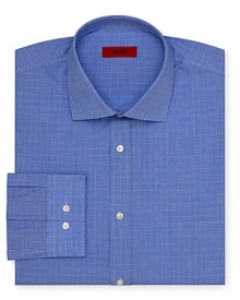Feature this mini-check patterned dress shirt during your workweek for a successful presentation. From HUGO, tailored with a modern fit to mesh with your contemporary wardrobe. Feature this mini-check patterned dress shirt during your workweek for a successful presentation. From HUGO, tailored with a modern fit to mesh with your contemporary wardrobe.