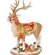 Incorporate elements of nature into your decor with Fitz and Floyd's Bountiful Holiday deer figurine, a majestic table centerpiece or accent on your mantel. Elaborate sculpting on the animal and details below make a lasting impression.