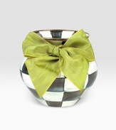 A charming enamelware design in a handpainted checkerboard juxtaposition of ivory and onyx with bronzed stainless steel trim. Chartreuse ribbon included Enameled steel 8-ounce capacity 4¾H X 5 diam. Dishwasher safe Made in USA 