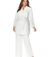 Le Suit's latest plus size pant suit creates a statuesque silhouette with a long belted trench and sleek wide leg pants.