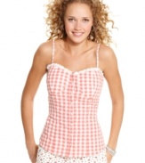 Play the country sweet vixen in this gingham print, bustier-style top from American Rag! An adorable companion to your summery bottoms!