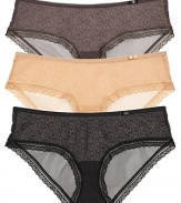 This stretchy hipster from Calvin Klein features a printed mesh front and scalloped lace trim. Style #D3454.