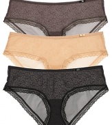 This stretchy hipster from Calvin Klein features a printed mesh front and scalloped lace trim. Style #D3454.