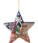 Stars align every Christmas with this beautiful ornament, featuring a nativity scene with elaborate patterned detail crafted in the traditional style of Jim Shore.