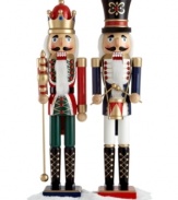 Christmas classics. The king of all nutcrackers and his faithful drummer boy have a grand presence in any holiday setting, carved in solid wood with traditional white beards and festive colored accents. King shown left; drummer on right.