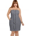 Zip up your party look with Love Squared's strapless plus size dress, decked out by a ruffled front.