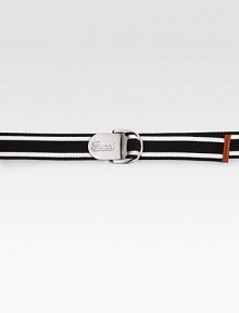 EXCLUSIVELY OURS. Signature web detail with leather trim.Silver hardwareAbout 1½ wideMade in Italy EXCLUSIVELY OURS. Signature web detail with leather trim.Silver hardwareAbout 1½ wideMade in Italy