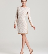 True elegance is realized with this KAS New York crochet lace dress, cut in a slim silhouette with long sheer sleeves. A visible nude lining adds to its allure; complement the neutral tone with coordinating pumps.