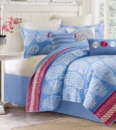 This Echo Woodblock Paisley coverlet features a soft indigo blue background with rows of large, white paisleys and is finished with a vibrant hot pink & white border. The tonal quilt stitch provides added dimension and extra comfort.