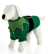 Dress your dog like Santa's little helper. Complete with a jingle-bell collar and belt buckle, this adorable elf sweater will make your pup the star of every family photo.