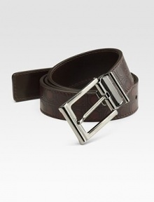 Sleek calfskin leather, crafted in Italy with embossed gancio texture and a gunmetal buckle. About 1¼ wide Made in Italy 