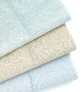 Paisley perfect. In subtle, pastel hues, this flat sheet from Martha Stewart Collection gives your bed a fresh outlook with a paisley pattern in wrinkle-resistant, 400-thread count cotton percale for a soft hand. Finished with a diamond embroidered stitch design along the hem. Pair with other Martha Stewart Collection bedding for the full effect.
