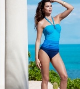 A beaded stone hardware detail elevates this Lauren by Ralph Lauren ombre swimsuit for an elegant seaside look while allover ruching keeps it feminine & flattering!