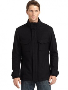 THE LOOKStand collar with snap throat tabKnit storm collarZip front with snap storm flapChest patch pockets; waist slash pocketsSnap tabs at cuffsStraight back yokeBack shoulder gussetsTHE FITAbout 26 from shoulder to hemTHE MATERIALShell: 80% wool/20% cashmereFill: polyesterFully linedCARE & ORIGINDry clean Imported THE LOOKStand collar with snap throat tabKnit storm collarZip front with snap storm flapChest patch pockets; waist slash pocketsSnap tabs at cuffsStraight back yokeBack shoulder gussetsTHE FITAbout 26 from shoulder to hemTHE MATERIALShell: 80% wool/20% cashmereFill: polyesterFully linedCARE & ORIGINDry clean Imported