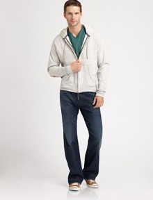 Relax in style in this classic bootcut in a medium wash, lightly distressed with their signature A-pocket stitching on the back pocket. Five-pocket styleInseam, about 3498% cotton/2% spandexMachine washImported