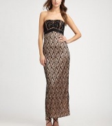 Delicate beadwork and allover lace add romance to this strapless silhouette.StraplessEmbroidered bustBeaded empire waistLace overlayBack slitConcealed side zipFully linedAbout 44 from waist to hemNylonSpot cleanImportedModel shown is 5'10½ (179cm) wearing US size 4. 