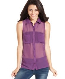 Super sheer fabric and a back cutout makes this button-down top from 6 Degrees a trend-right choice for laid-back days. Super sheer fabric and a back cutout makes this button-down top from 6 Degrees a trend-right choice for laid-back days.