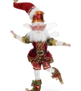 Dancing to the beat of his own drum, the Christmas Shopping fairy by Mark Roberts wears a coat, shorts and boots that sparkle in regal shades of the season. Wiggle his flexible arms and legs in a holiday jig or sit him on the mantel.