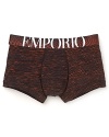 This pair of patterned trunks from Emporio Armani makes a fierce addition to your essential wardrobe, boasting a soft, customized fit in cotton with added stretch and a unique allover animal print.