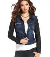 Two-tone washes add a chic spin to this GUESS? jean jacket for a fashion-forward look!