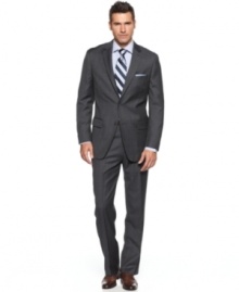 Searching for a look that's at once classic and cutting-edge? Look no further than this sleek charcoal plaid suit from Tasso Elba. Searching for a look that's at once classic and cutting-edge? Look no further than this sleek charcoal plaid suit from Tasso Elba.