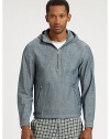 EXCLUSIVELY AT SAKS. Lightweight chambray pullover with partial zip front and attached hood lends an unexpected twist to a casual ensemble.Quarter-zip frontAttached hoodZippered waist pocketsCottonMachine washImported