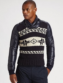 Get the best of both worlds with this stylish knit sweater accented with a nylon collar and sleeves.Shawl collar with double loop-and-button closureLong down-filled sleeves with ribbed knit cuffsPull-on styleRibbed hemBody: 95% wool/5% cashmere; collar and sleeves: nylonFill: 80% down/20% other feathersDry cleanImported Get the best of both worlds with this stylish knit sweater accented with a nylon collar and sleeves.Shawl collar with double loop-and-button closureLong down-filled sleeves with ribbed knit cuffsPull-on styleRibbed hemBody: 95% wool/5% cashmere; collar and sleeves: nylonFill: 80% down/20% other feathersDry cleanImported