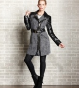 Shield yourself from the cold with this knockout coat from Baby Phat! Tweed and faux leather sleeves will keep you warm, while a sleek belt and an exposed front zipper will keep you stylin'!