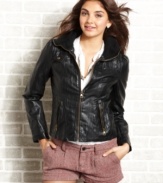 Faux-real: American Rag delivers legit street style with a textured, faux-leather jacket that comes fully loaded with gold-tone zippers and chic quilted design.