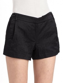 The classic weekend uniform gets a fresh spin with front pleats and a softly wrinkled effect.Narrow waistband with belt loops, hook-and-eye and interior button tab Pleated front Side button slash pockets Cotton lining Inseam, about 3 66% nylon/34% cotton Machine wash Imported The classic weekend uniform gets a fresh spin with front pleats and a softly wrinkled effect.Narrow waistband with belt loops, hook-and-eye and interior button tab Pleated front Side button slash pockets Cotton lining Inseam, about 3 66% nylon/34% cotton Machine wash Imported