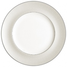 The embodiment of simplicity and grace, platinum bands and pure white stitches with raised dots adorn a pearlescent linen border. Inspired by the silk fabrics in Monique's evening gown designs, pearlized blue and tan accent colors create a look that is both elegant and beautifully serene.