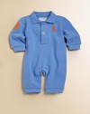 Iconic and timeless, the essential long-sleeved polo coverall is rendered in breathable cotton mesh.Ribbed polo collarLong sleeves with ribbed cuffsButton frontConcealed bottom snaps for easy on and offCottonMachine washImported Please note: Number of buttons/snaps may vary depending on size ordered. 