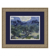 Vincent Van Gogh's dreamy vision of olive trees is realized in vibrant blues and greens. Scrolling vines embossed in the antique silver frame echo the artist's curvy, twisting forms.