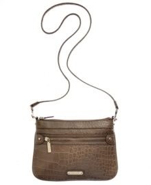 For fierce girls on-the-go, this croc-embossed crossbody from Anne Klein is the perfect companion. Shiny signature hardware dresses the exterior, while plenty of inside pockets and compartments discretely stash wallet, phone, makeup, and other little extras.