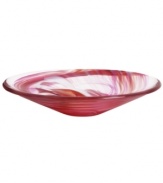 A dramatic accent, this Tempera dish features heavy glass laced with hand-painted swirls of magenta and orange. Designed by Anna Ehrner for Kosta Boda.