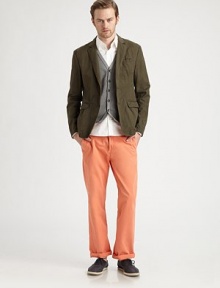 Slim-fitting silhouette in a charming hue, handsomely crafted in superior soft cotton.Zip flyFront slash, back welt pocketsInseam, about 34CottonMachine washMade in USA