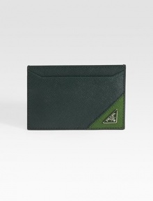 Handsome saffiano leather with metal triangle logo accent. Three card slots Nylon lining 4W X 2¾H Made in Italy 