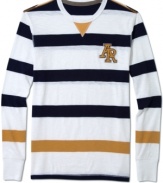 Old-school style. Gold stripe accents on this varsity shirt from American Rag give you a traditional style.