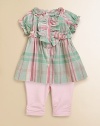A pastel plaid cotton tunic is sweetly adorned with a flurry of ruffles to coordinate perfectly with comfy stretch leggings.Ruffled crewneckShort sleeves with elasticized ruffled cuffsRuffled, button frontRuffled waistbandGently flared hemElastic waistbandRuched cuffsTunic: CottonLeggings: 93% cotton/7% elastaneMachine washImported Please note: Number of buttons may var depending on size ordered.