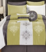 Vertical panels of green, white and gray are embellished with a lustrous sheen and delicate medallion motif in these Simone comforter sets. Two decorative pillows finish the set with pleated and tufted details for added depth in this classically simple look.