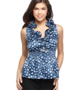 Charm abounds on this top from BCX that boasts a high ruffled collar and butterfly print! Dress it with heels or flats for a look that's girlish and whimsical.