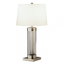Table lamp with full range dimmer switch. Clear glass cylinder with dark antique nickel accents. Off white cotton shade with rolled edge hem.