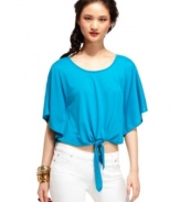 Say no to the larger-than-life poncho and opt for Belle Du Jour's front-tie style, made roomy to promote your comfort -- and cropped to flaunt your curves!