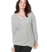 Plus size fashion for a divine look that will make you shine. This long sleeve tunic sweater from Charter Club's collection of plus size clothes is highlighted by a metallic finish.