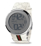 From the I-Gucci collection, a modern timepiece. Silver dial offers the option of a digital or analog display. Blue digits represent hour, minute, second, date and your location. White rubber strap with red/green webbing accent. Triple deployment buckle.